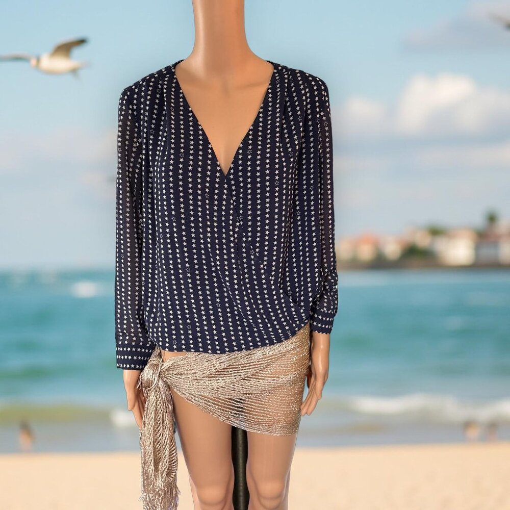 H & M Blue Sheer Top with White Stars Size 8